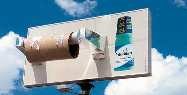 A Billboard Advertisement for the medication, Imodium. The billboard displays an empty Toilet Roll, suggesting the instance in which you'd need the medication.